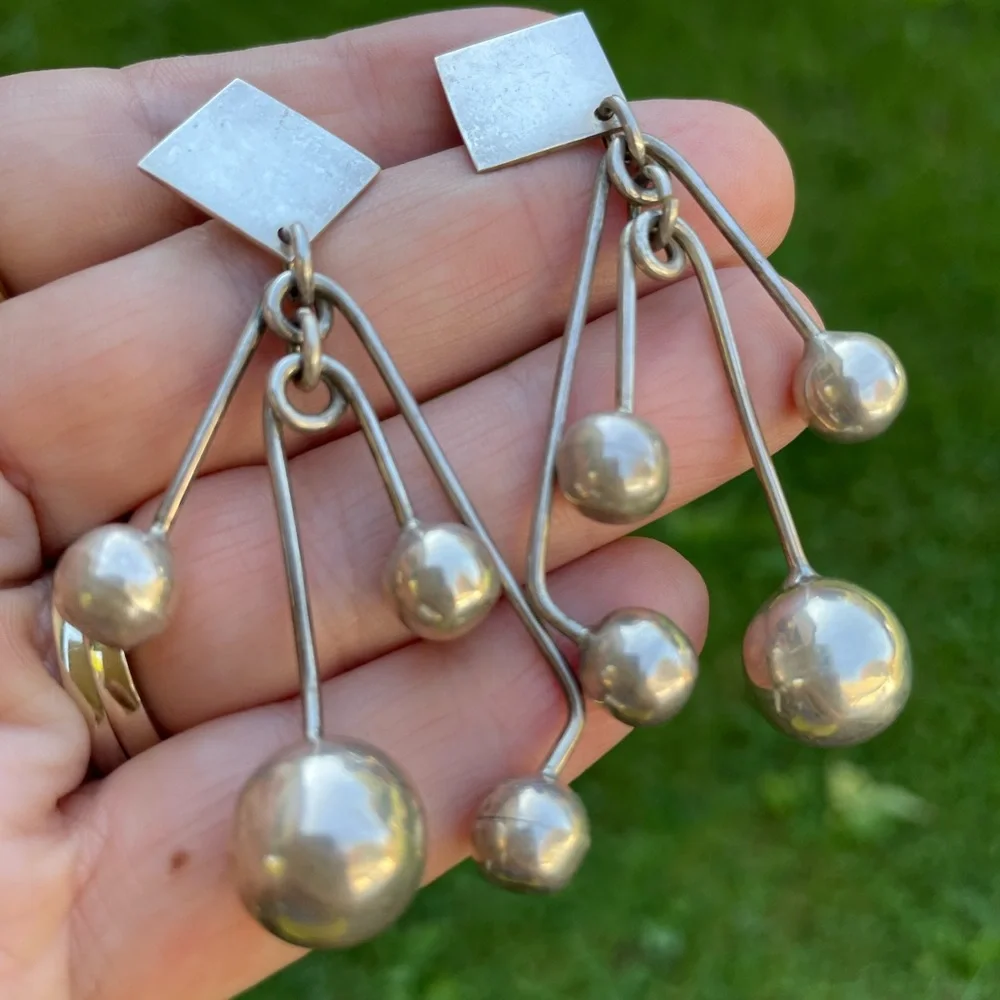 Vintage Taxco Sterling Silver Large Dangly Statement Earrings - Picture 8 of 13